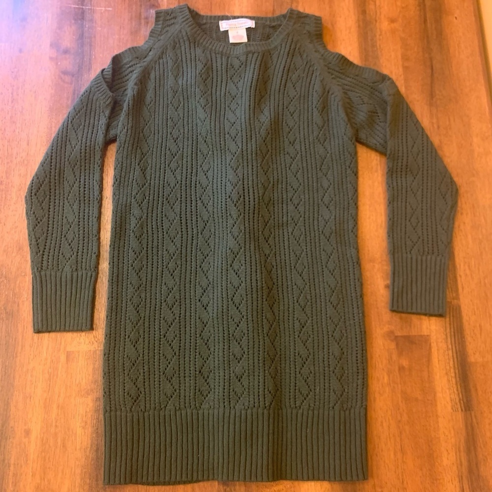 Flying Tomato small olive green cold shoulder tie back sweater tunic dress.